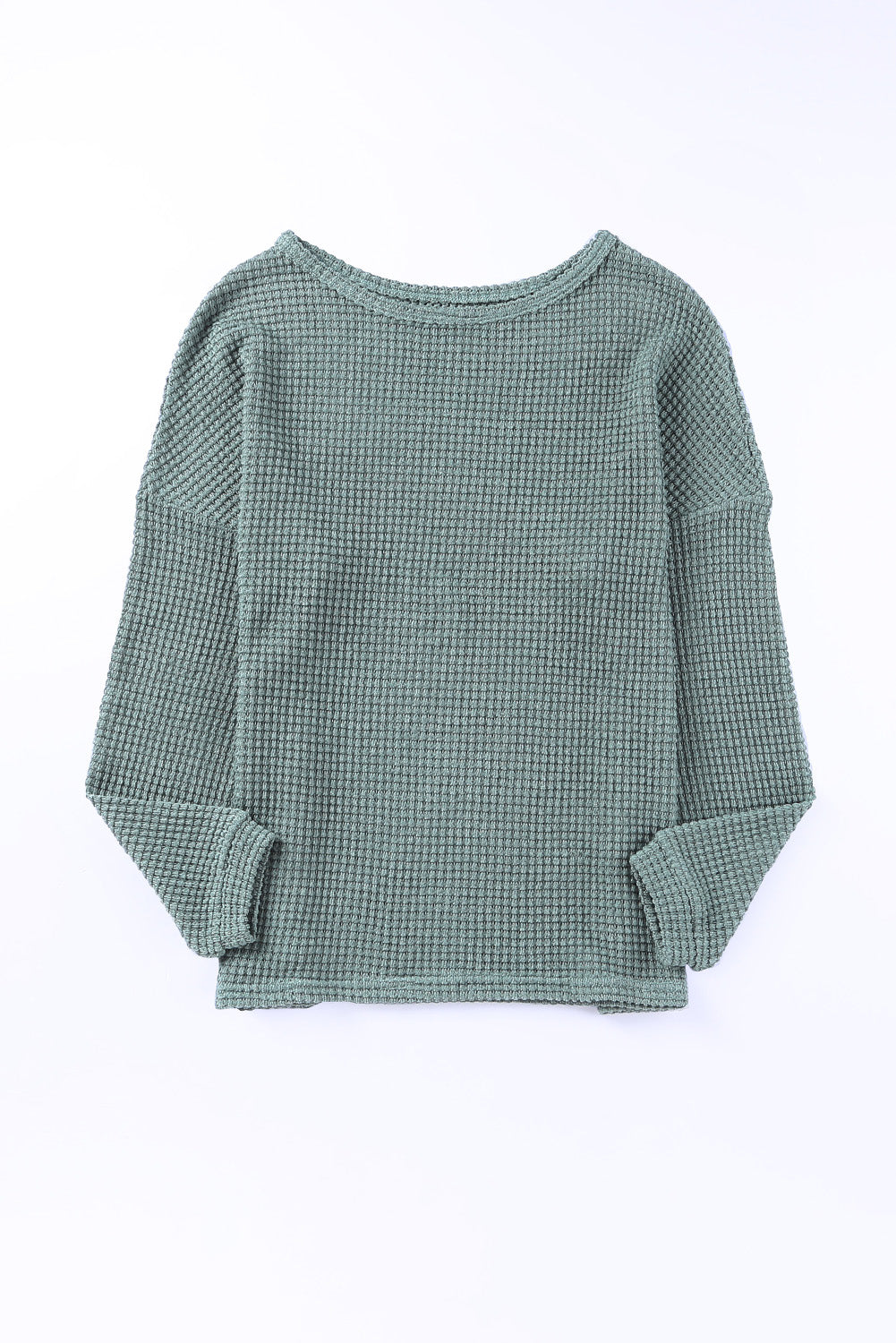 Green Waffle Knit Drop Shoulder Long Sleeve Top - The Fair Lady Shop