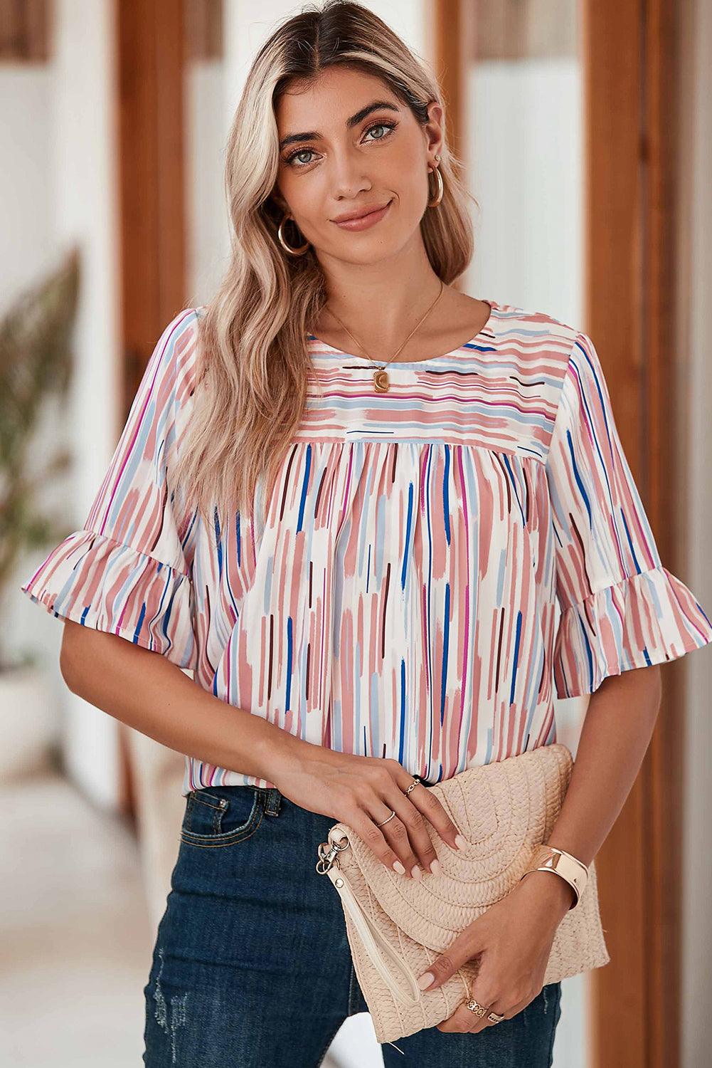 White Abstract Print Ruffle Half Sleeve Blouse - The Fair Lady Shop