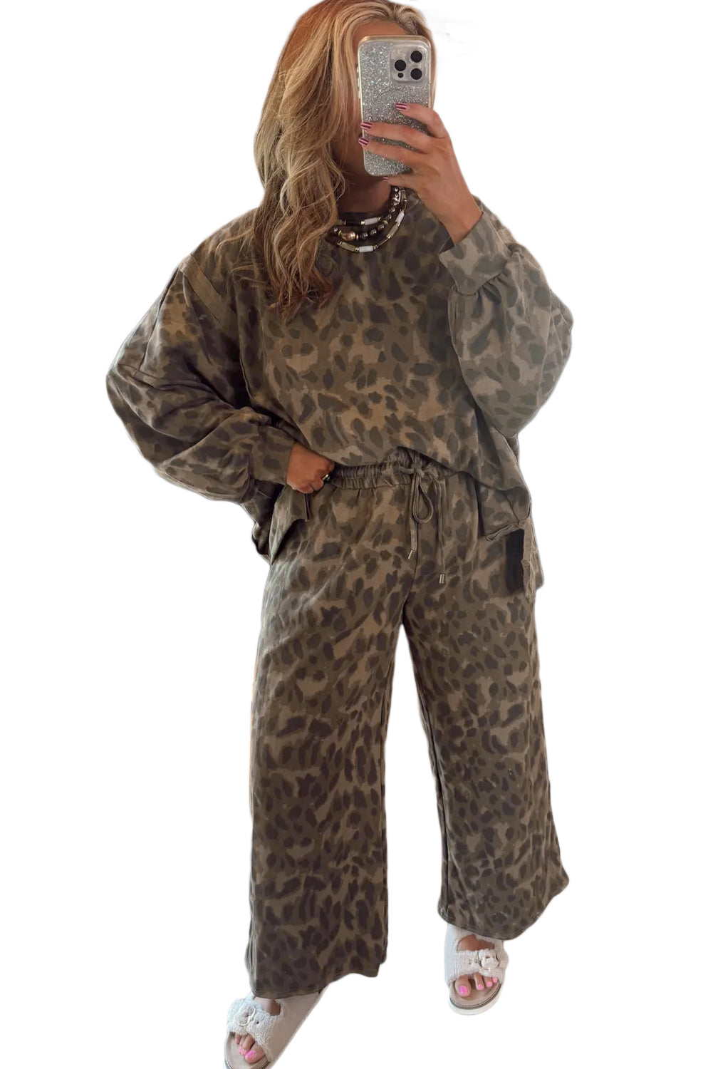 Brown Allover Leopard Print Pullover Drawstring Loose Pants Set