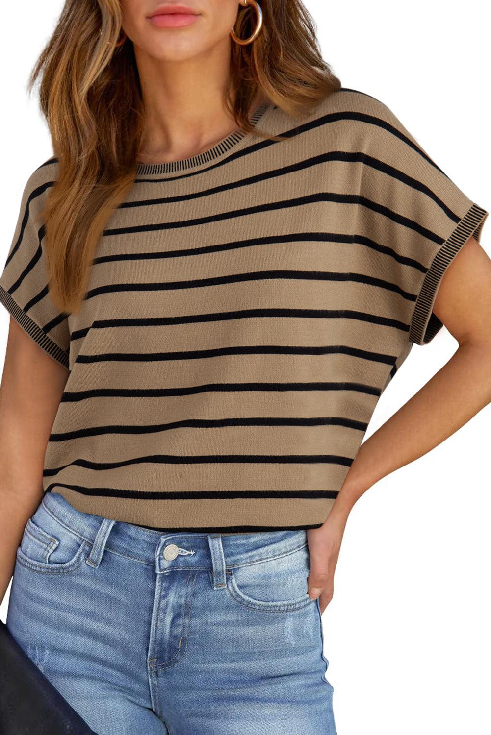Khaki Stripe Knitted Dolman T Shirt - The Fair Lady Shop