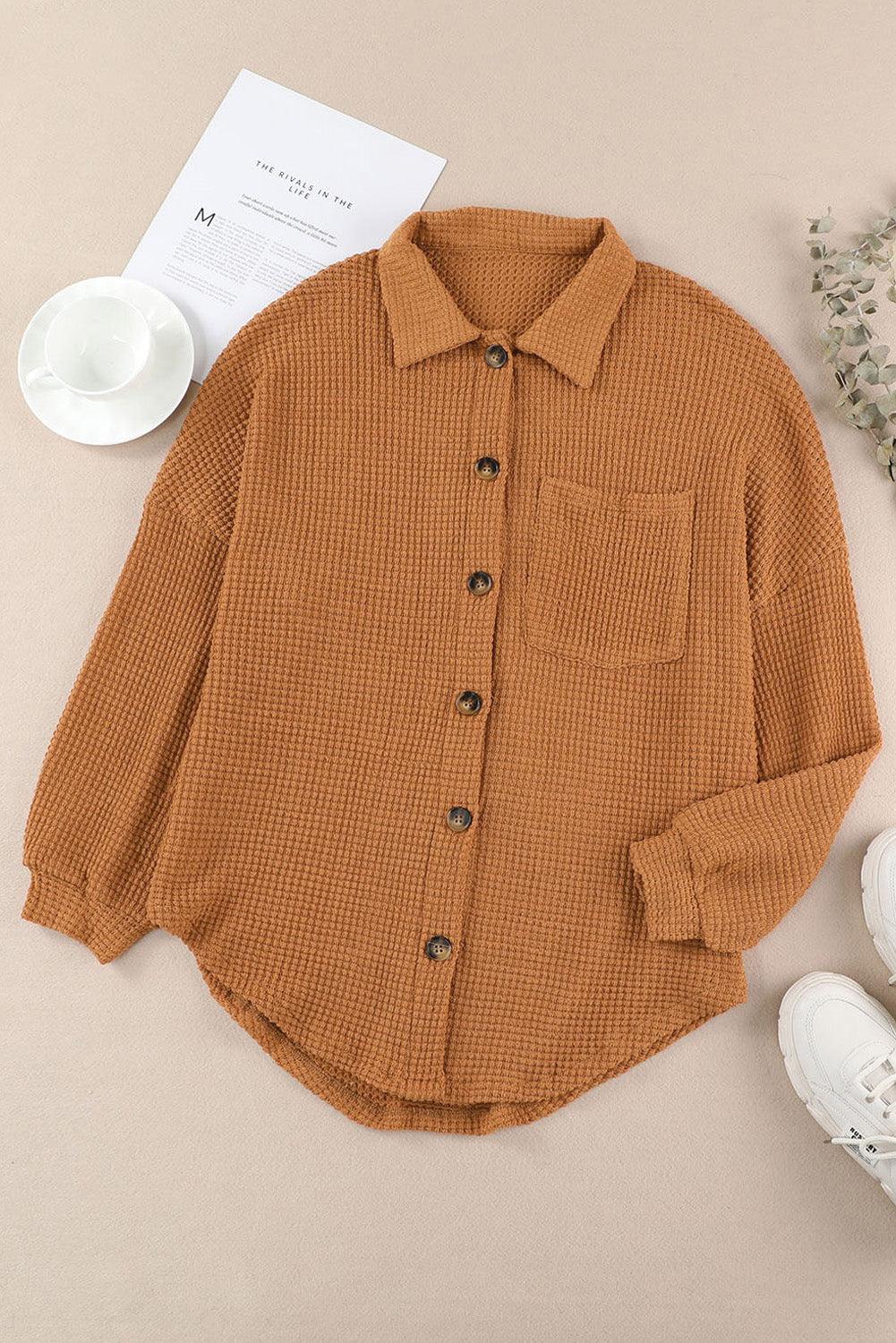 Khaki Waffle Knit Pocket Button Front Shacket - The Fair Lady Shop