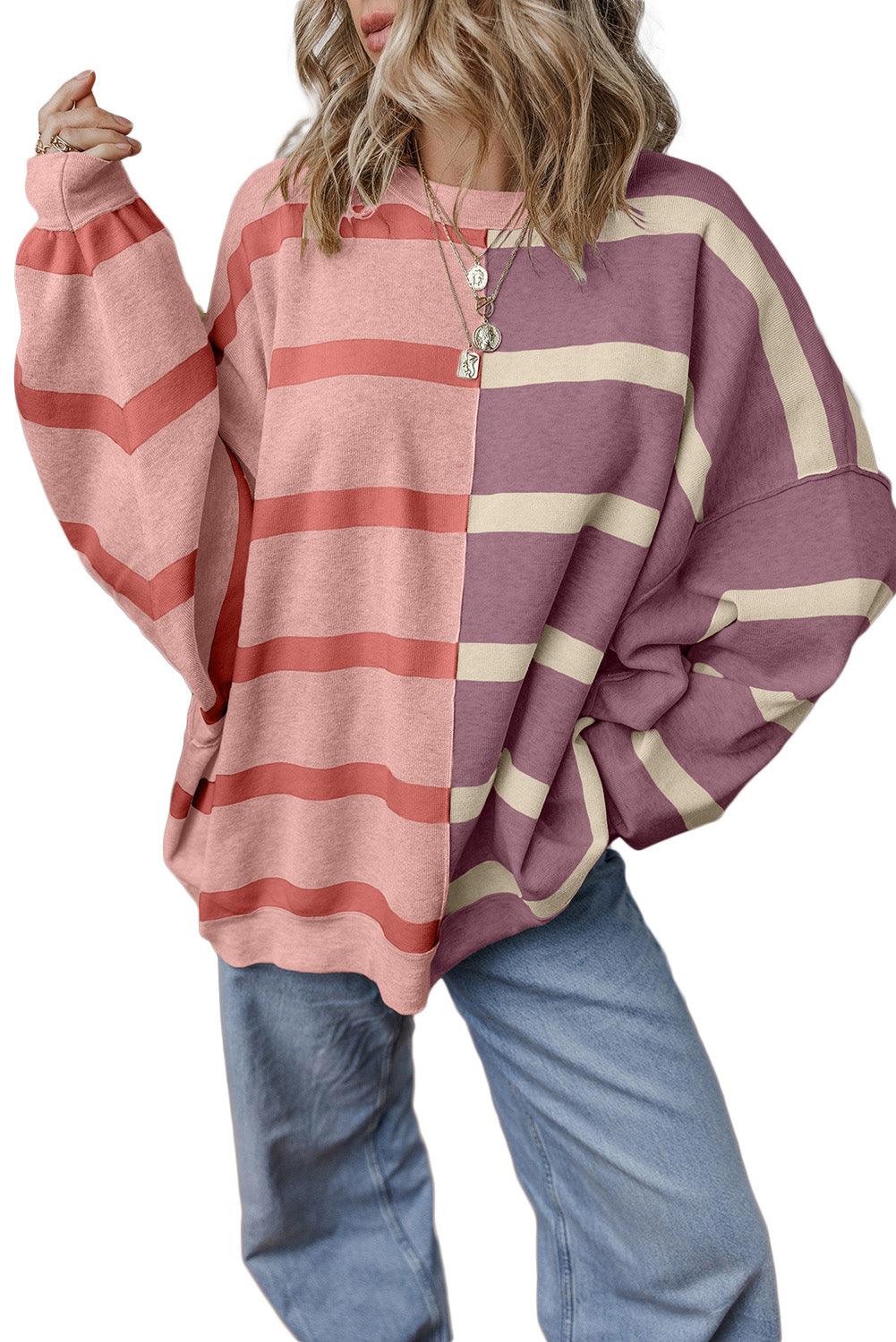 Khaki Stripe Exposed Seam Patchwork Loose Sweatshirts - The Fair Lady Shop