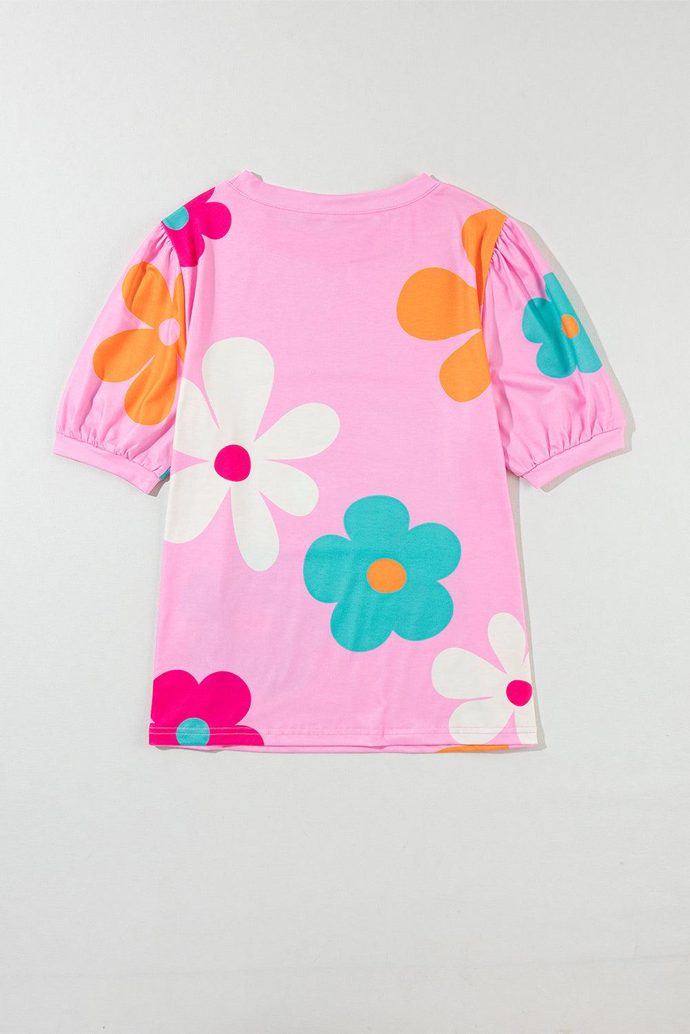 Apricot Colorful Flower Print Bubble Sleeve Tee - The Fair Lady Shop