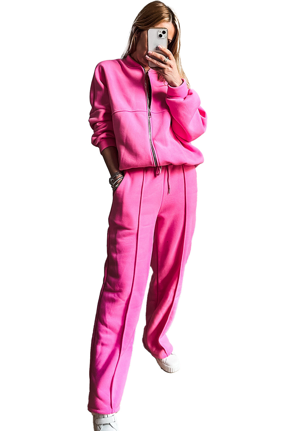 Bright Pink Seamed Zipper Jacket and Drawstring Waist Pants Set - The Fair Lady Shop