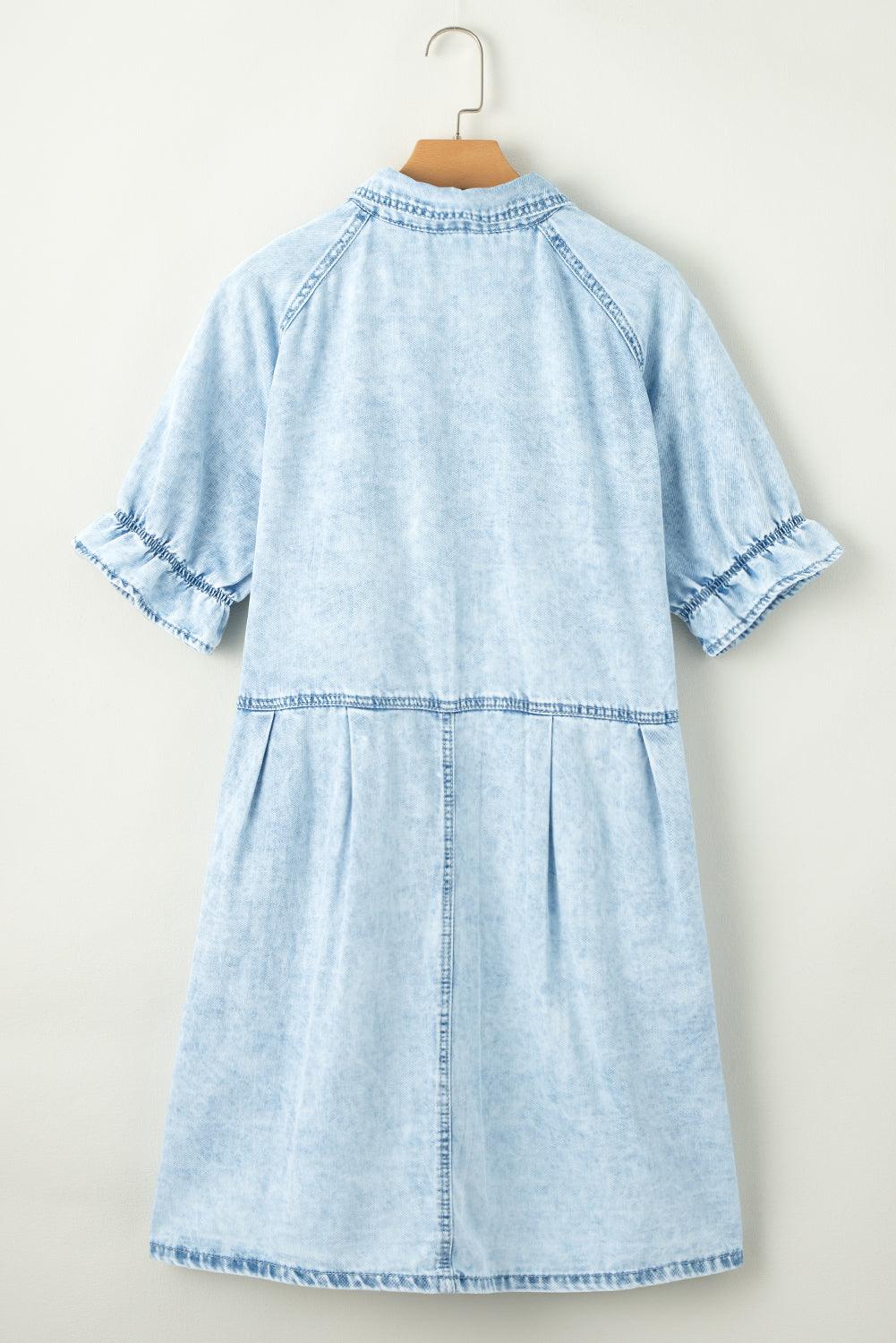 Blue Mineral Washed Ruffled Short Sleeve Pocketed Denim Dress - The Fair Lady Shop