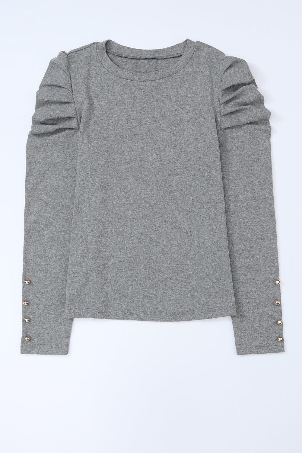 Khaki Plain Buttoned Puff Long Sleeve Sheath Top - The Fair Lady Shop