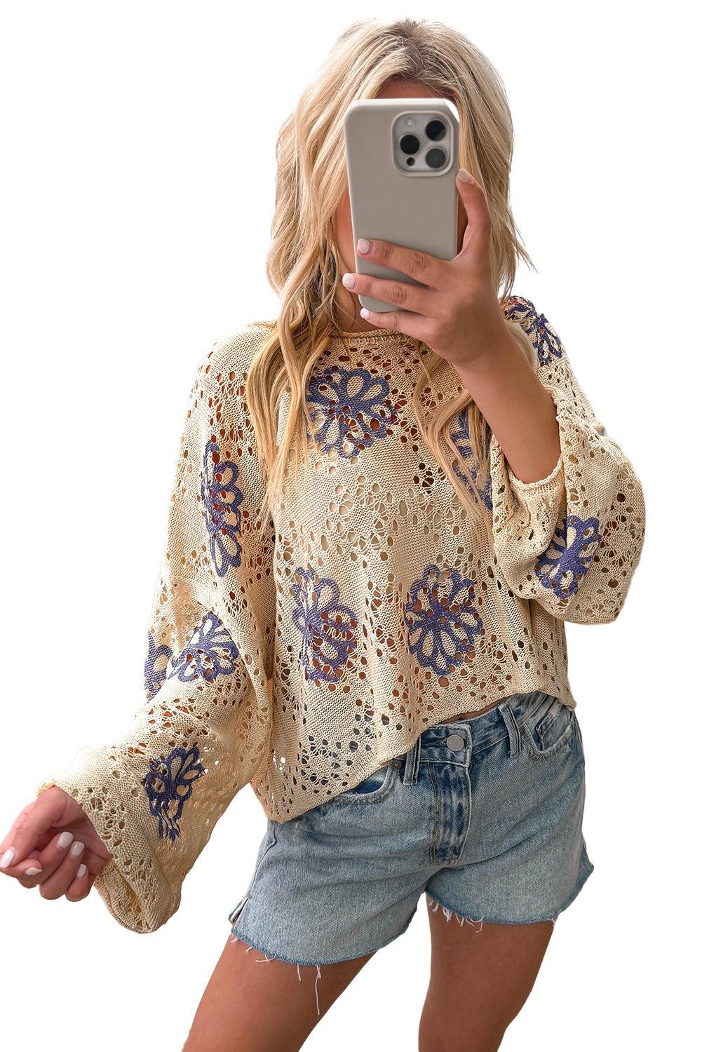 Beige Flower Print Drop Shoulder Hollow Knit Sweater - The Fair Lady Shop