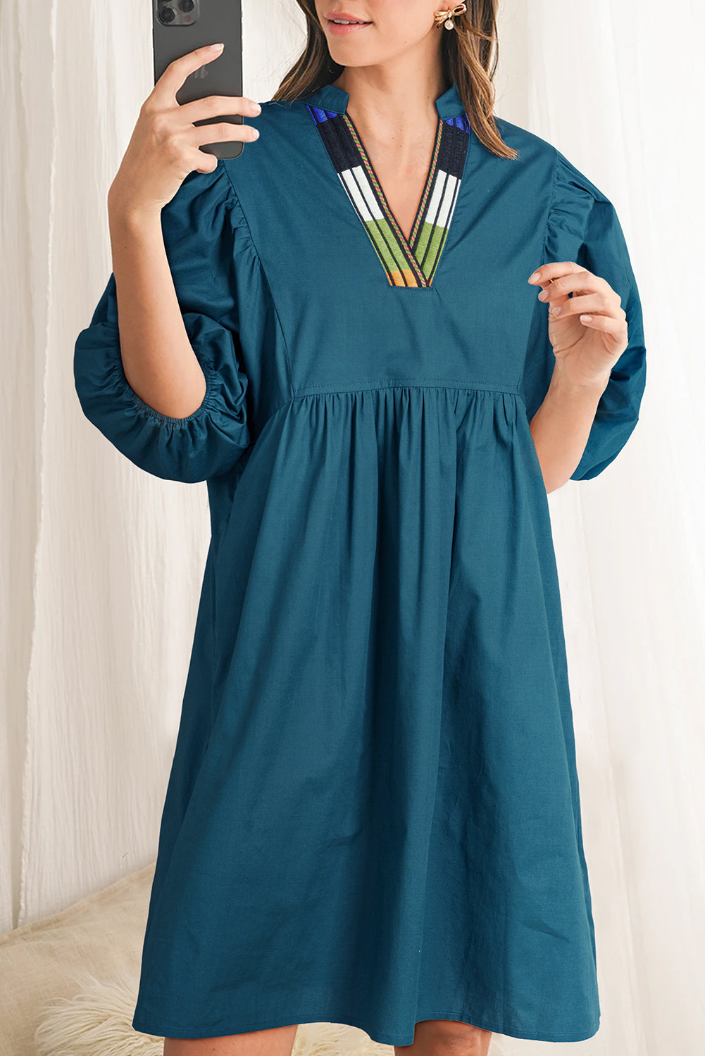 Blue Sapphire Patchwork V Neck Puff Sleeve Pleated Mini Dress - The Fair Lady Shop