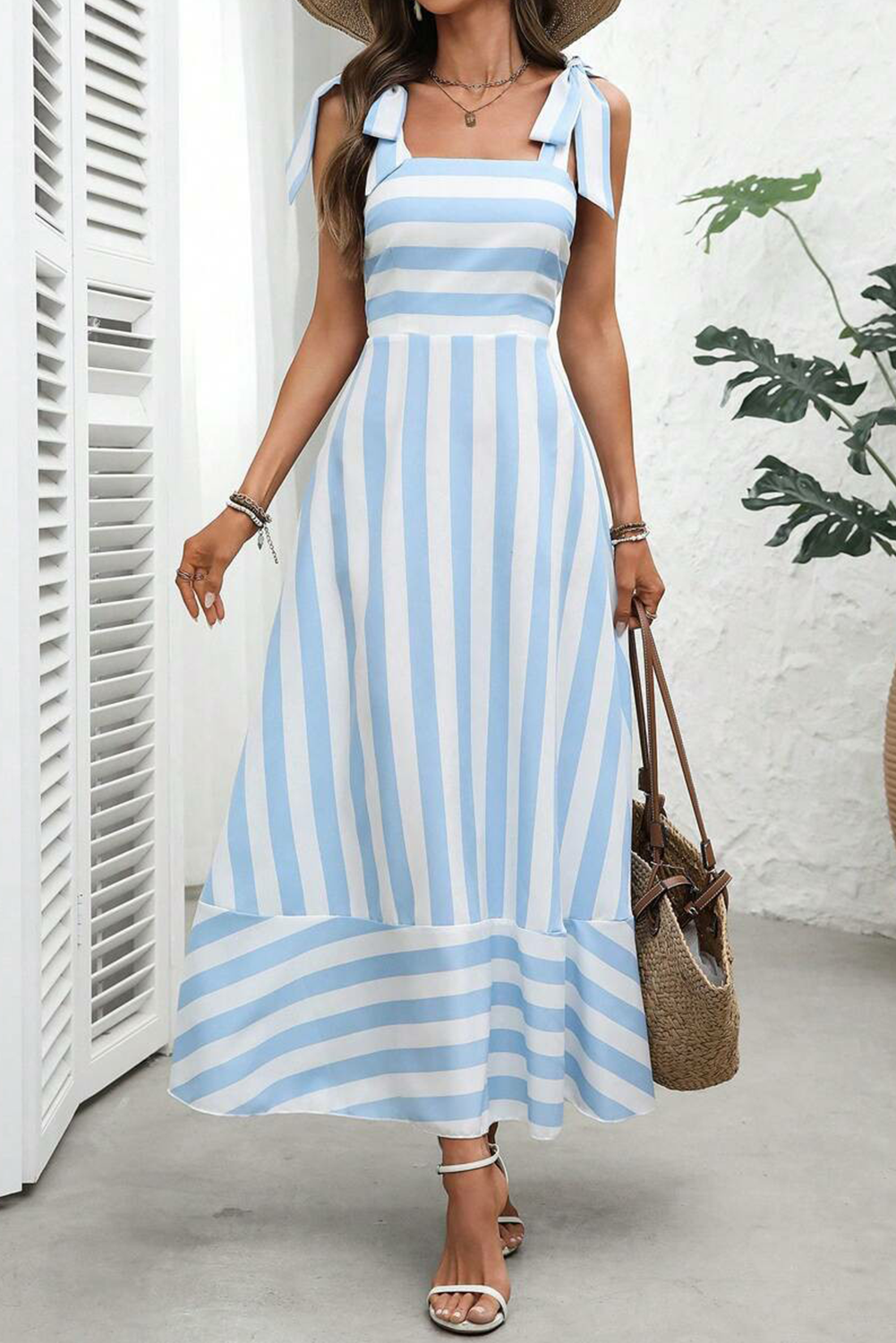 Sky Blue Stripe Knot Strap Maxi Dress - The Fair Lady Shop