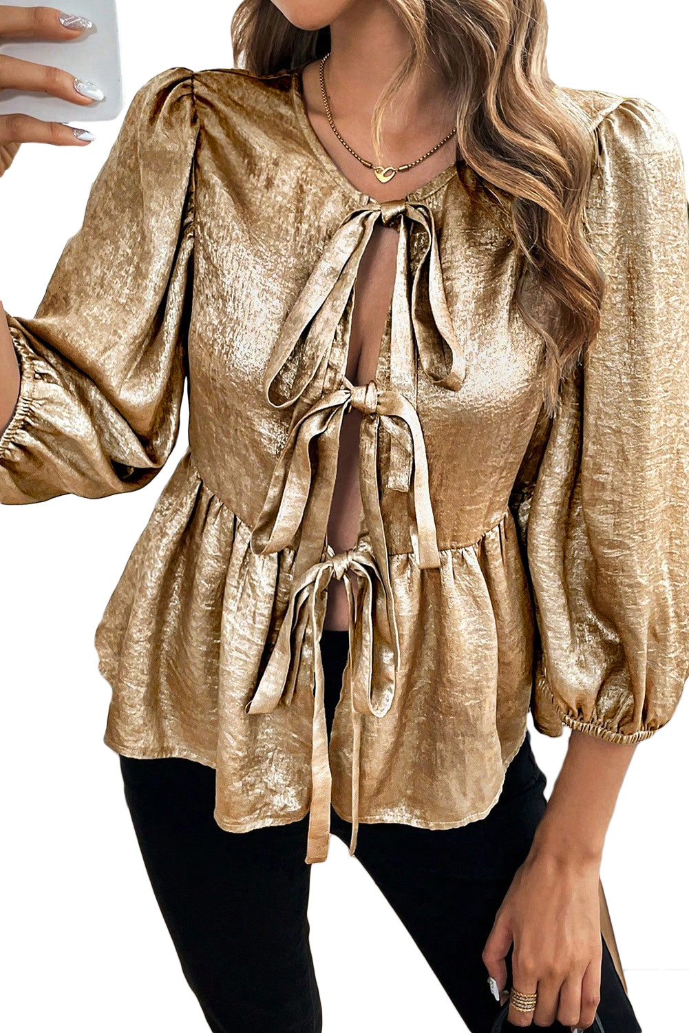 Gold Solid Color Bowknot Front Puff Sleeve Blouse - The Fair Lady Shop