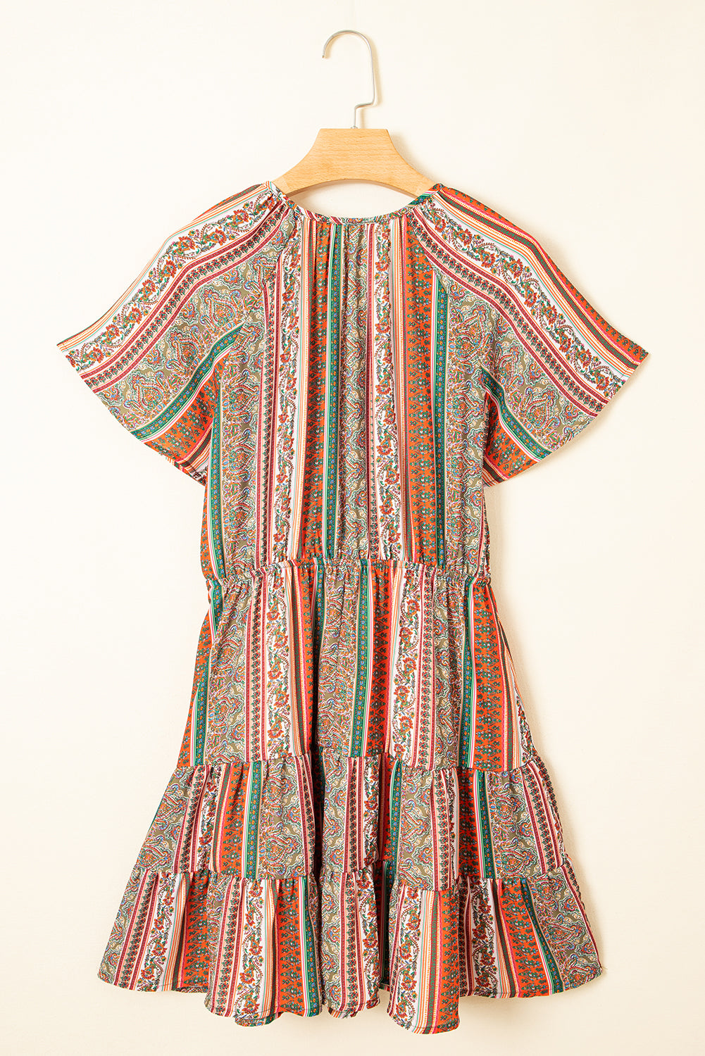 Red Bohemian Floral Print Buttoned V Neck Ruffle Tiered Dress - The Fair Lady Shop