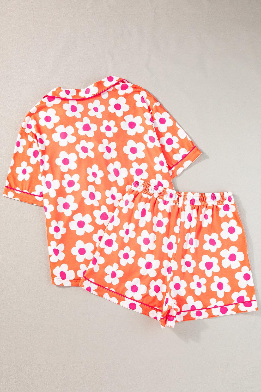 Green Flower Print Buttoned Shirt and Drawstring Waist Pajama Set - The Fair Lady Shop