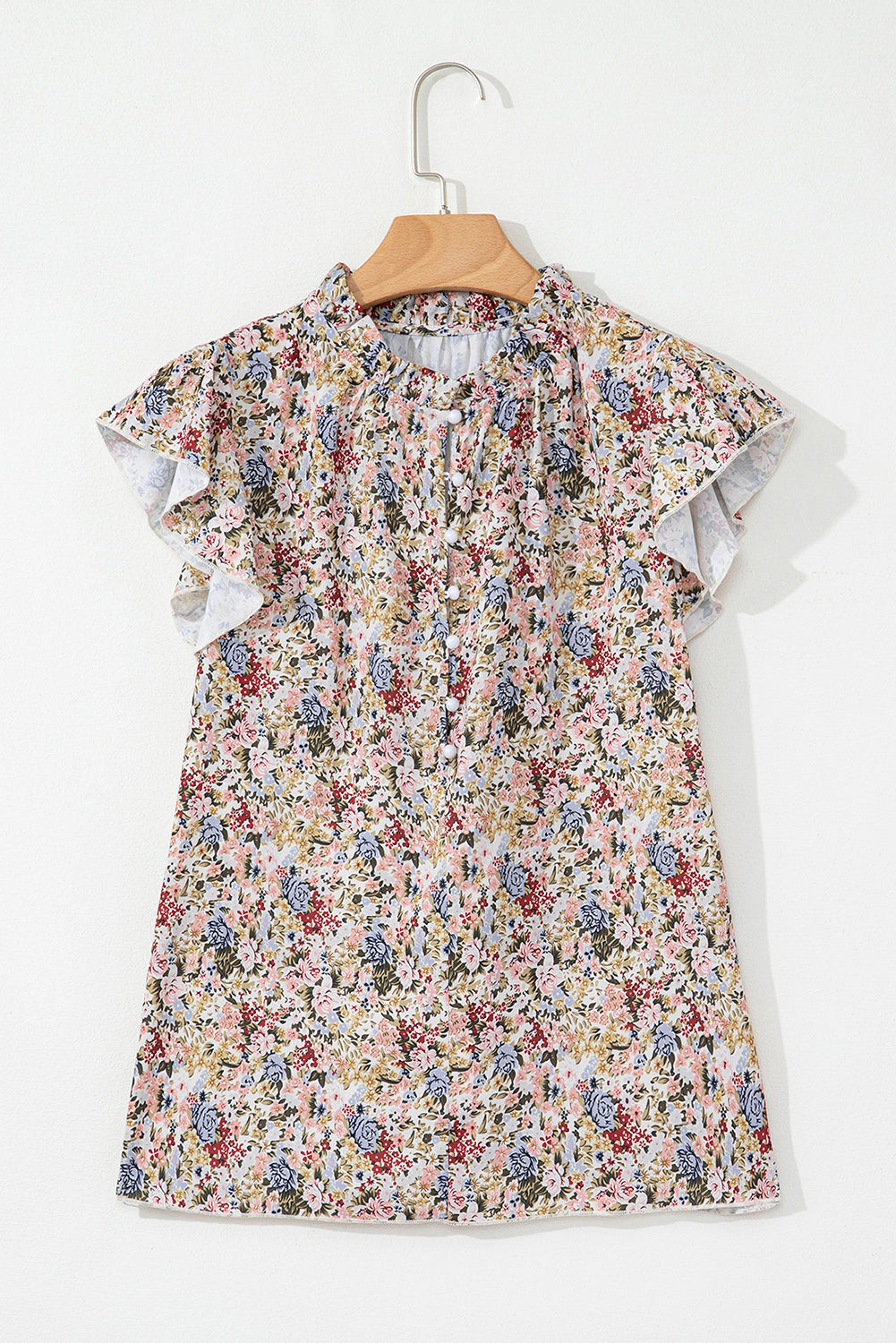 Red Boho Floral Frilled Button Neck Ruffle Short Sleeve Blouse - The Fair Lady Shop