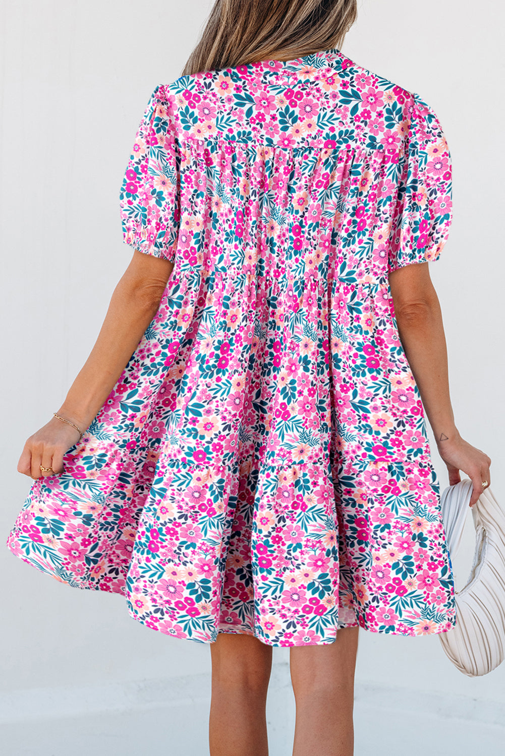 Pink Allover Floral Print Collar Half Button Short Sleeve Loose Dress - The Fair Lady Shop