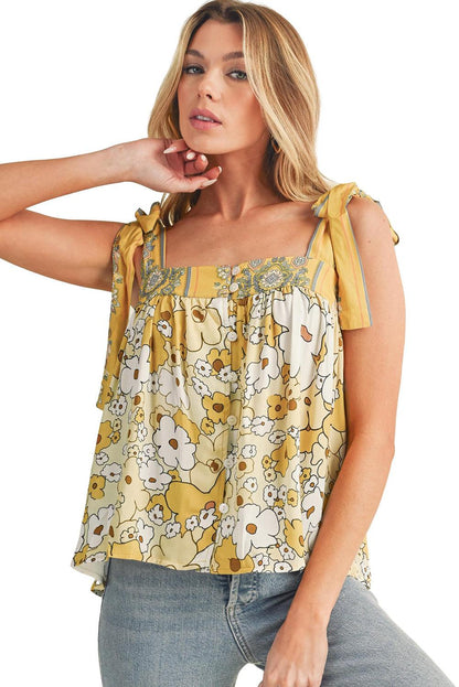 Yellow Floral Patchwork Boho Knot Straps Top - The Fair Lady Shop