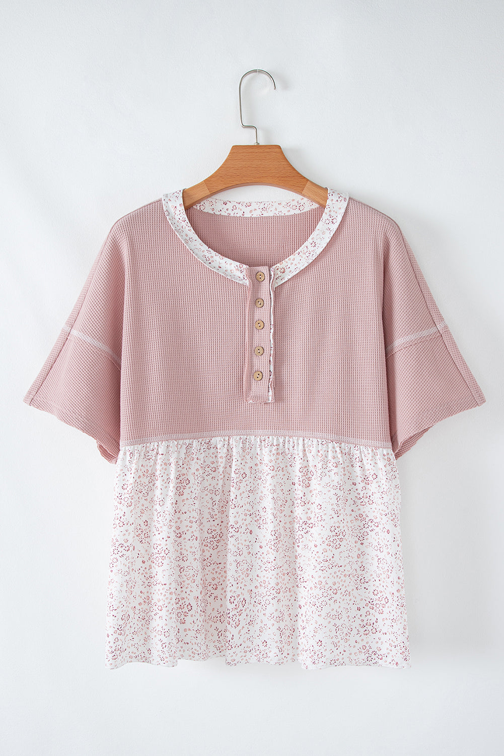 Pink Waffle Floral Patchwork Exposed Seam Detail Short Sleeve Top - The Fair Lady Shop