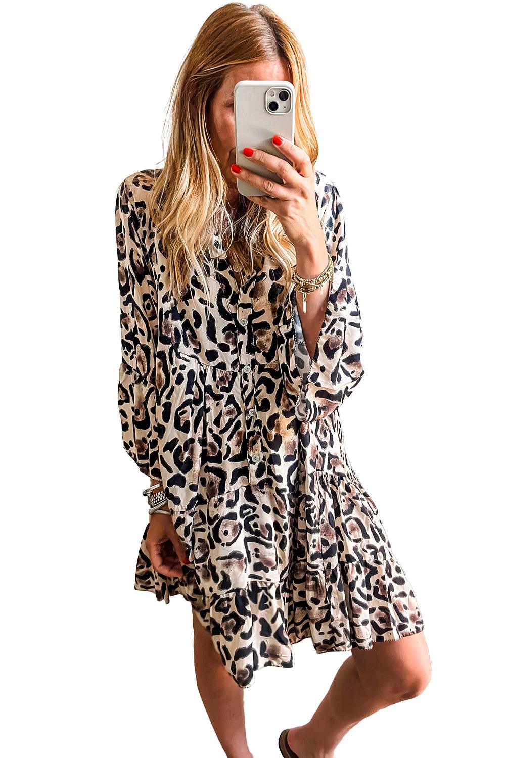 Black Leopard Button V Neck Flowy Mini Dress - The Fair Lady Shop