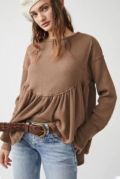 Brown Textured Exposed Seam Pullover Long Sleeve Top - The Fair Lady Shop