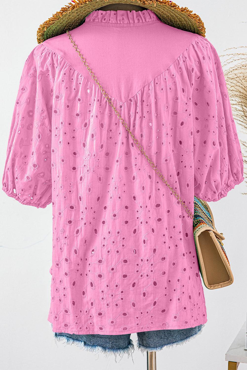 Bonbon Hollow-out Flower Embroidered Short Puff Sleeve Blouse - The Fair Lady Shop