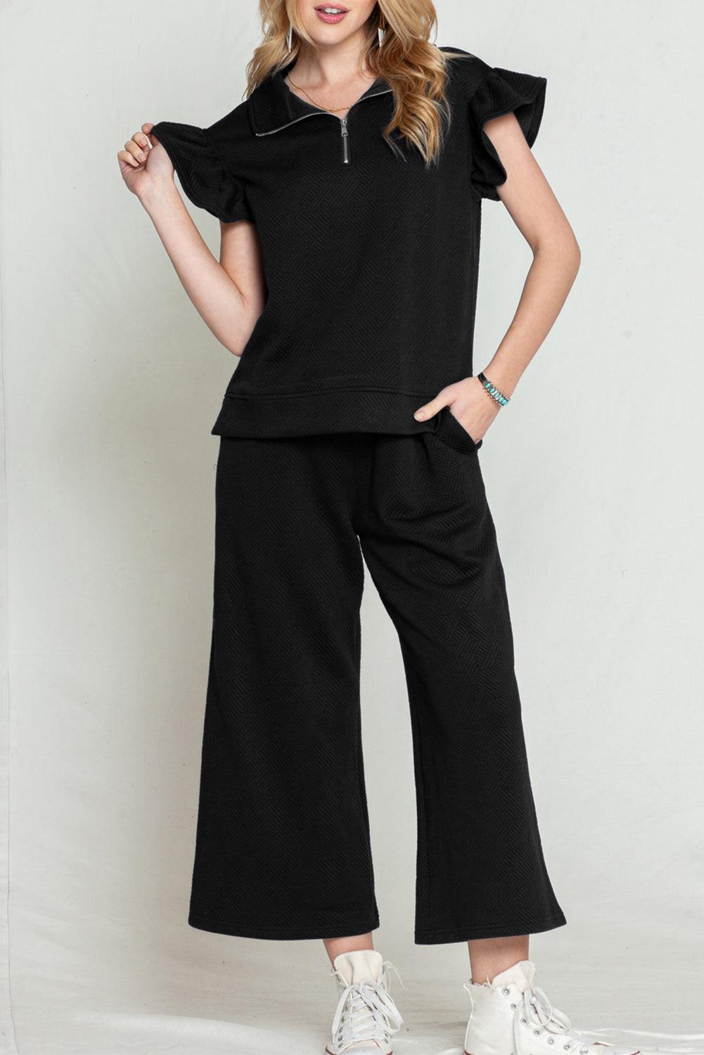 Black Textured Ruffle Cap Sleeve Top and Wide Leg Pants Set - The Fair Lady Shop