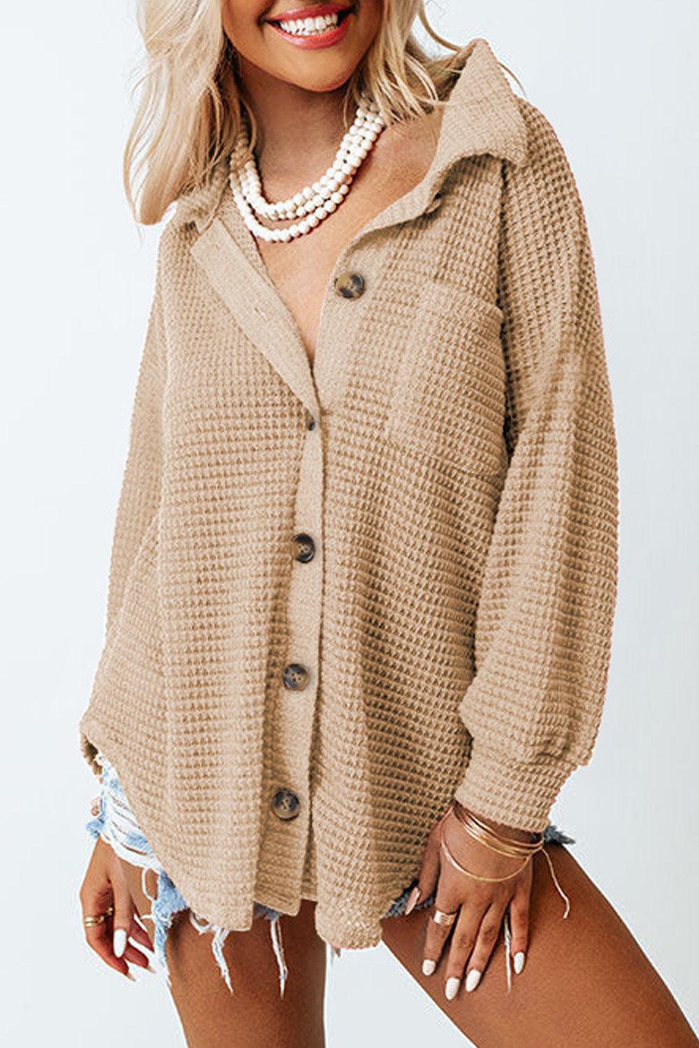 Khaki Waffle Knit Pocket Button Front Shacket - The Fair Lady Shop