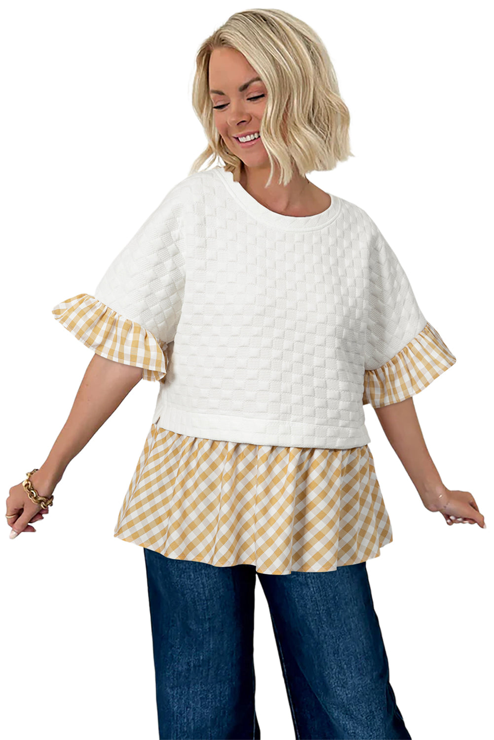 White Plaid Patchwork Half Sleeve Ruffle Round Neck Blouse - The Fair Lady Shop