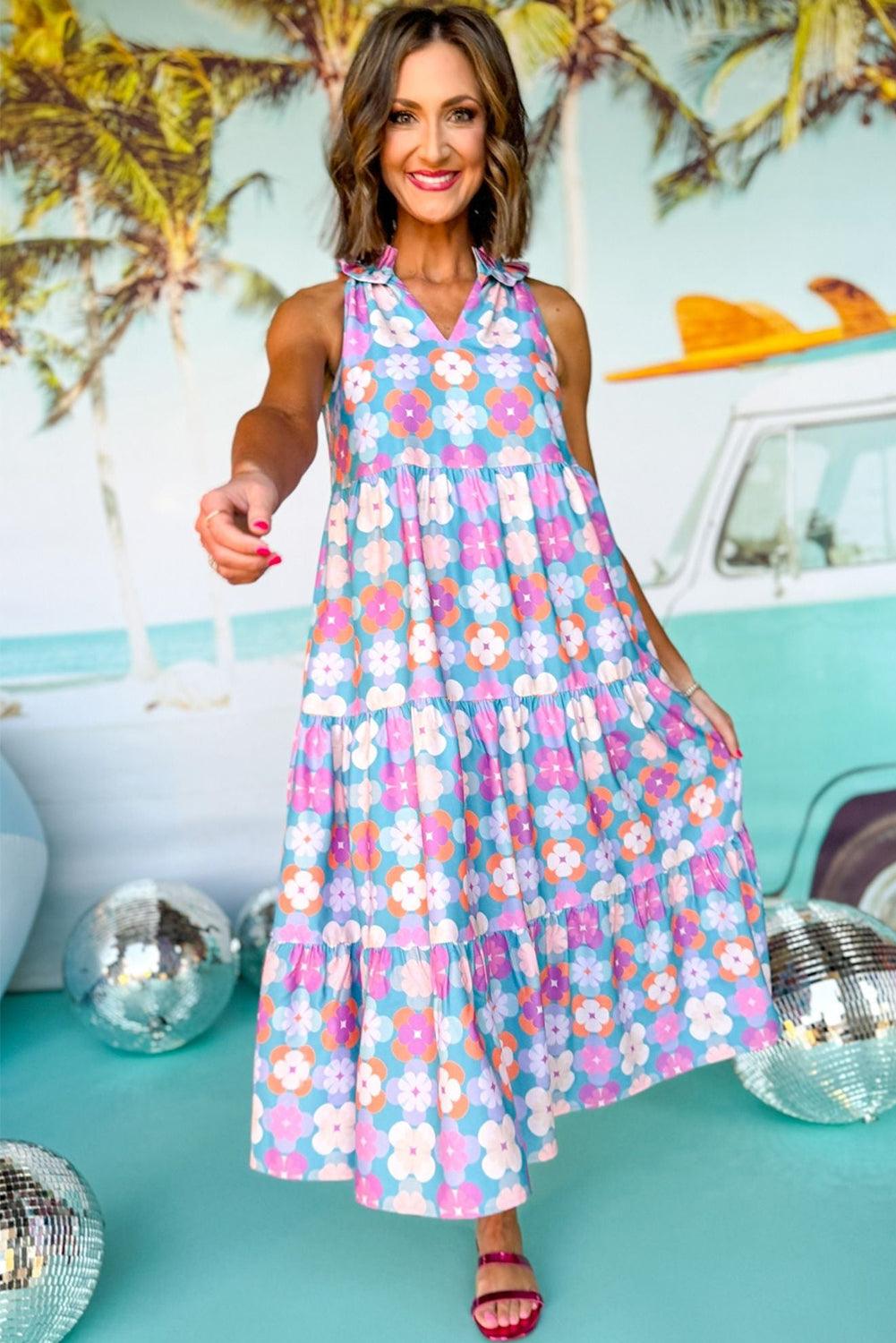 Sky Blue 60s Flower Split Neck Sleeveless Tiered Maxi Dress - The Fair Lady Shop