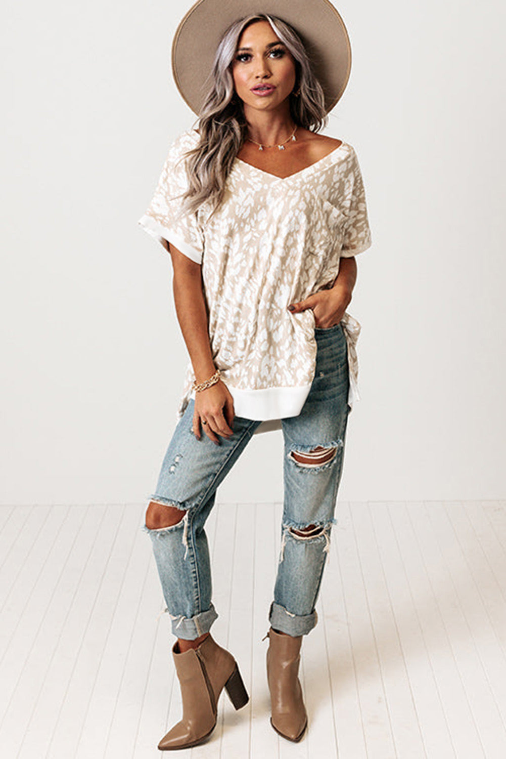 Khaki Leopard Print V Neck Side Slit Loose Fit T-Shirt - The Fair Lady Shop