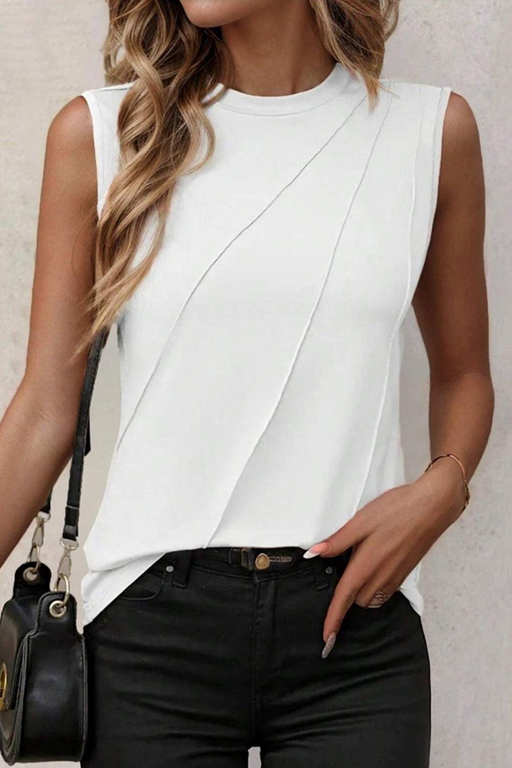 White Solid Color Crew Neck Pleated Tank Top - The Fair Lady Shop