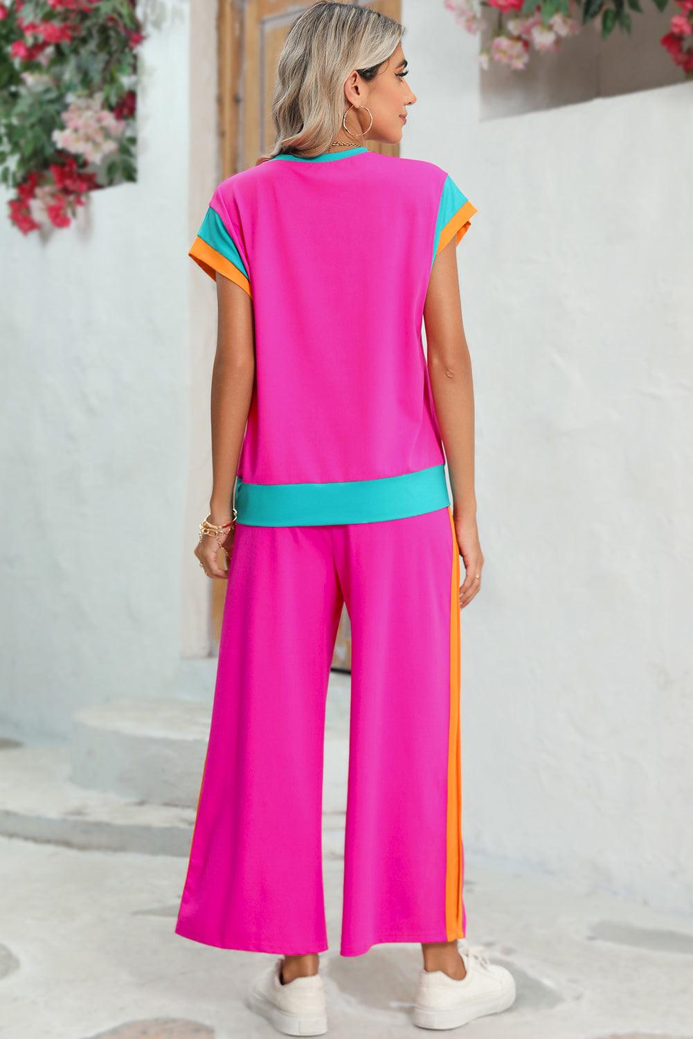 Chestnut Colorblock Cap Sleeve Tee and Wide Leg Pants Set - The Fair Lady Shop