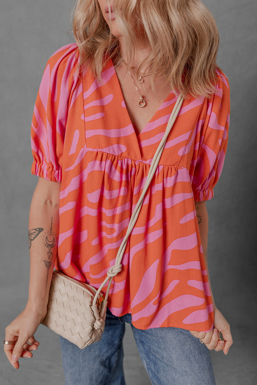 Orange Zebra Stripe Print Ruched Cuff Half Sleeve V Neck Blouse - The Fair Lady Shop