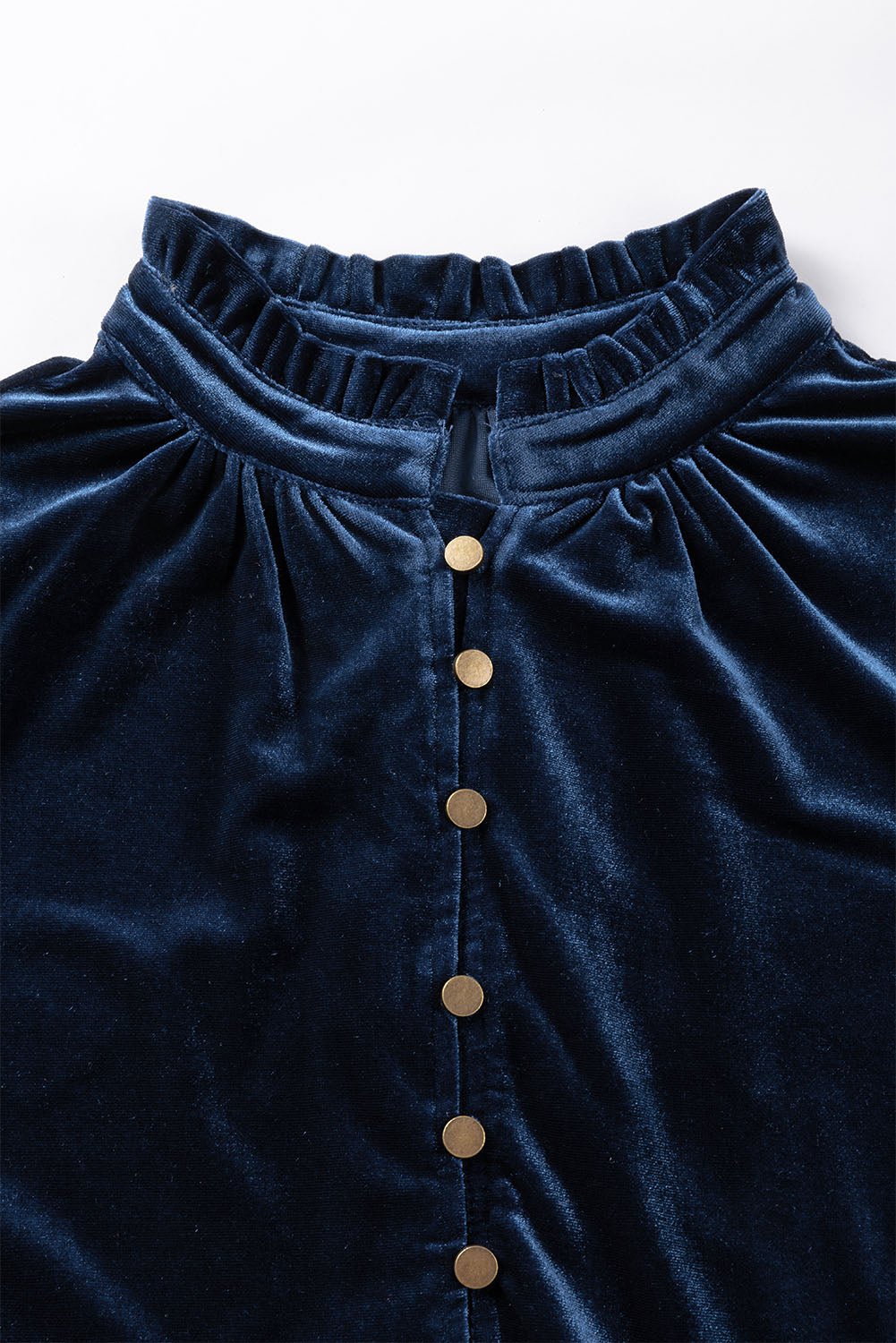 Navy Blue Frilled Buttoned V Neck Velvet Blouse - The Fair Lady Shop