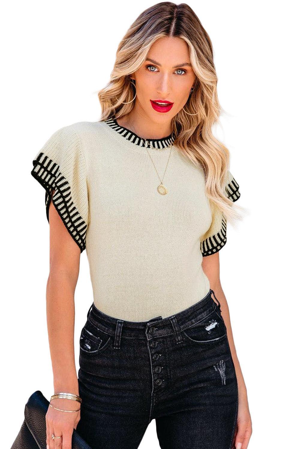 Beige Contrast Trim Round Neck Batwing Sleeve Knitted T Shirt - The Fair Lady Shop