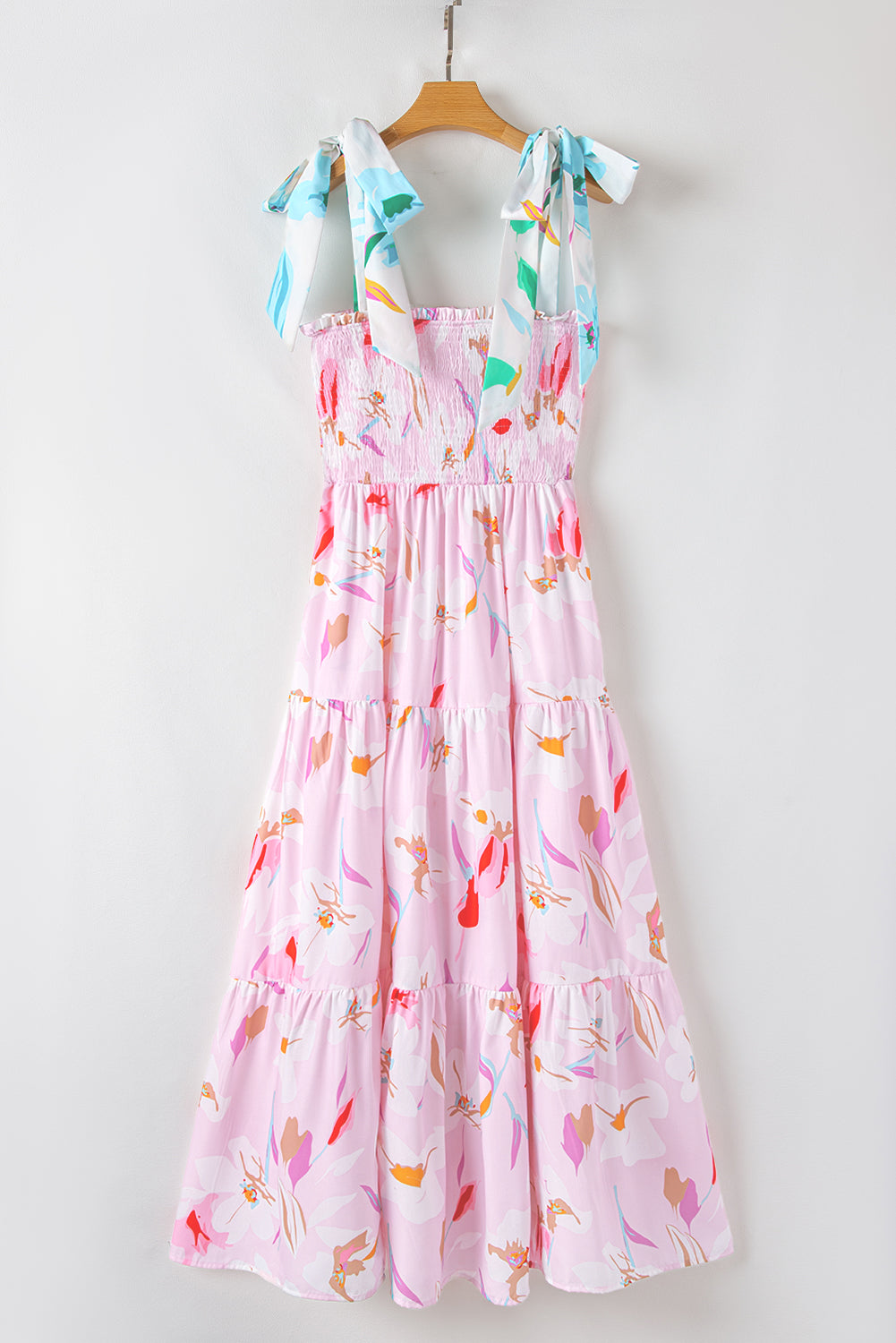 Pink Floral Print Knotted Shoulder Smocked Maxi Dress - The Fair Lady Shop
