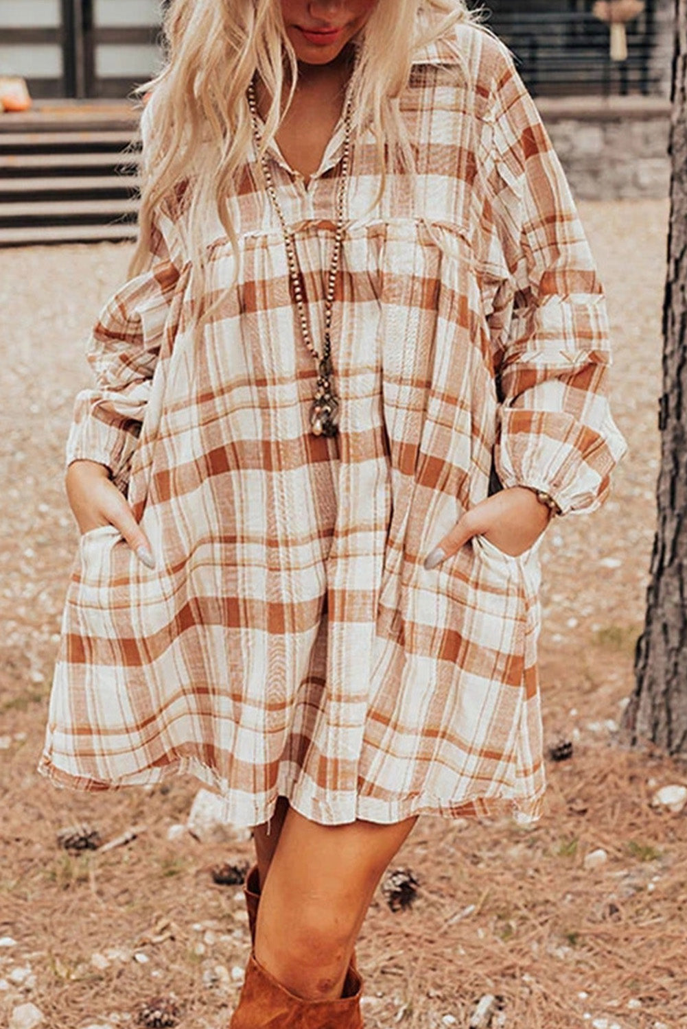 Brown Plaid Print Side Pockets Frill Babydoll Mini Dress - The Fair Lady Shop
