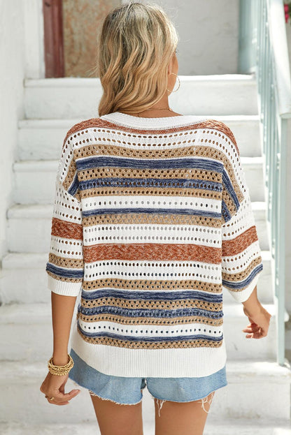 Multicolour Striped V Neck Hollow Knitted Half Sleeve Sweater - The Fair Lady Shop