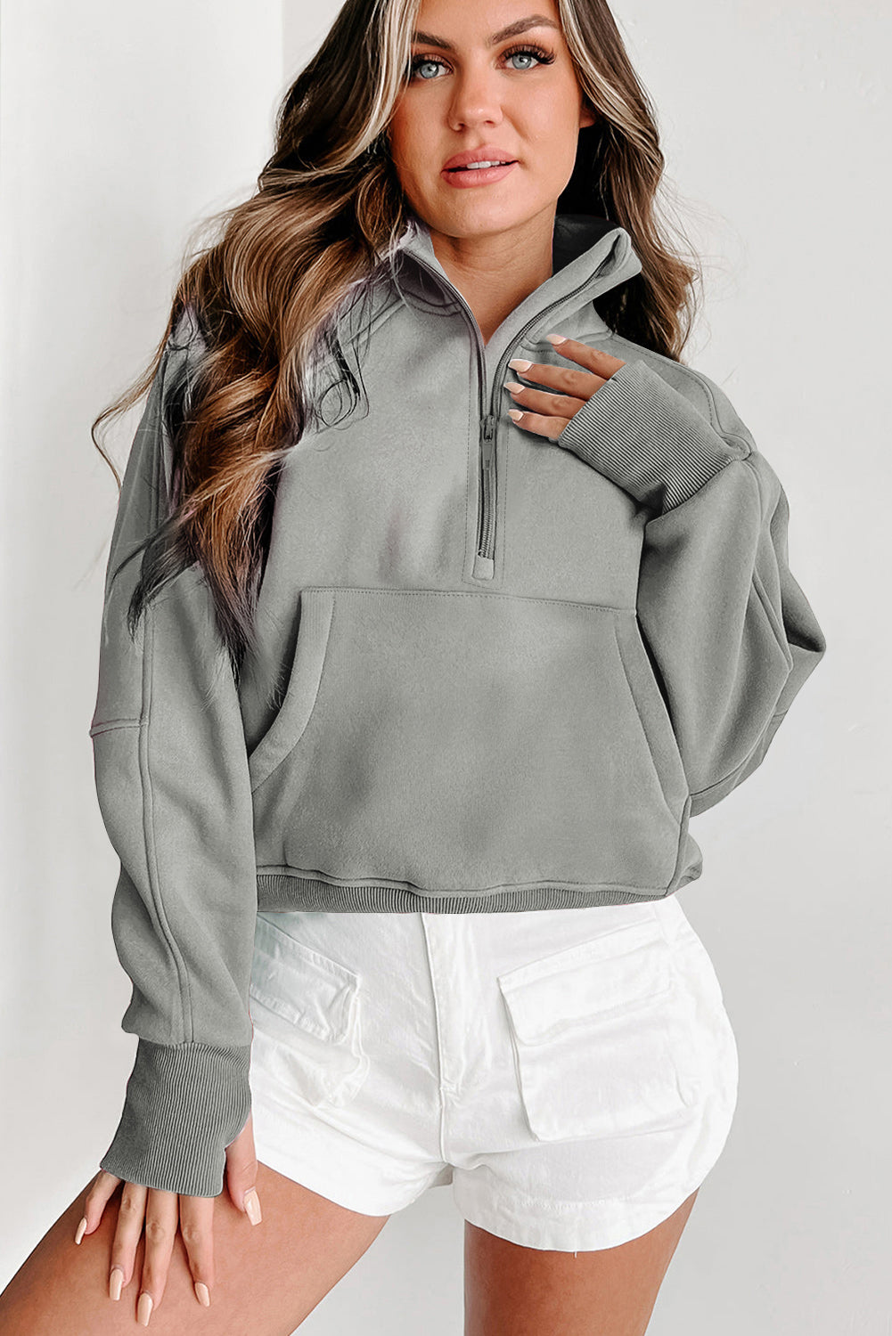 Gray Zip Up Stand Collar Ribbed Thumbhole Sleeve Sweatshirt - The Fair Lady Shop