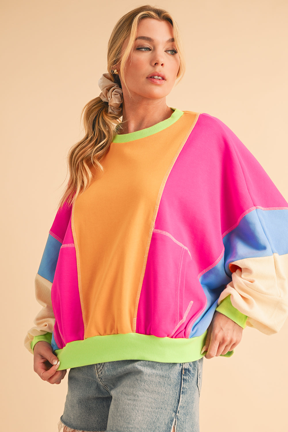 Grapefruit Orange Colorblock Patchwork Drop Shoulder Top - The Fair Lady Shop