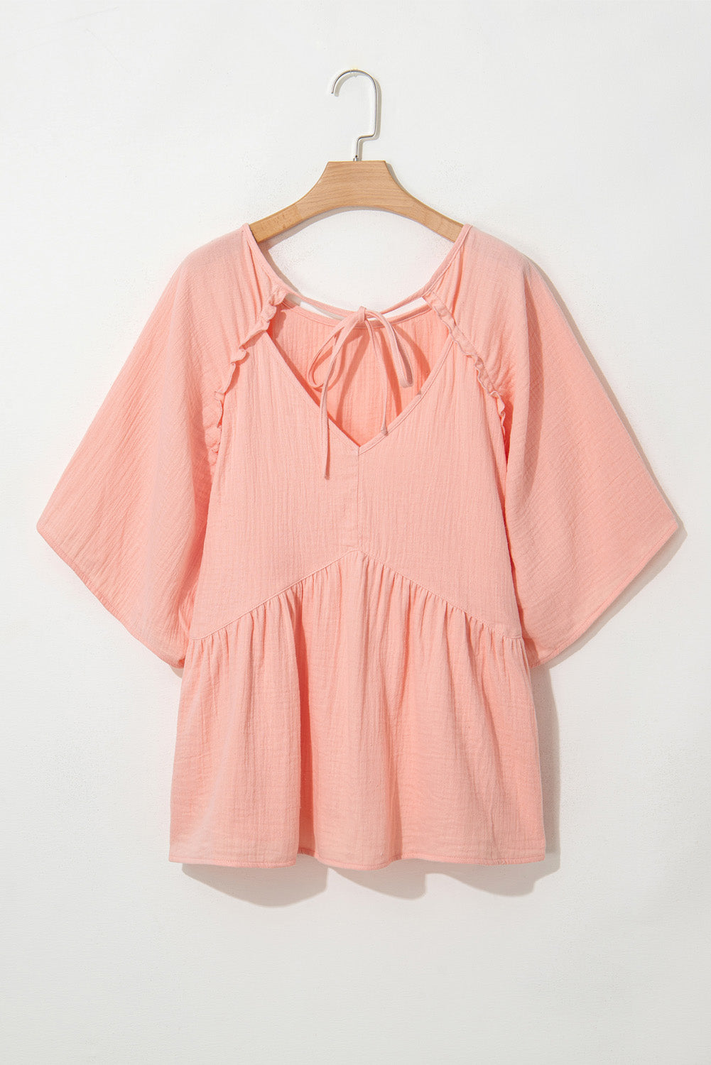 Apricot Pink Plus Size Crinkle Flounce Sleeve Babydoll Blouse - The Fair Lady Shop