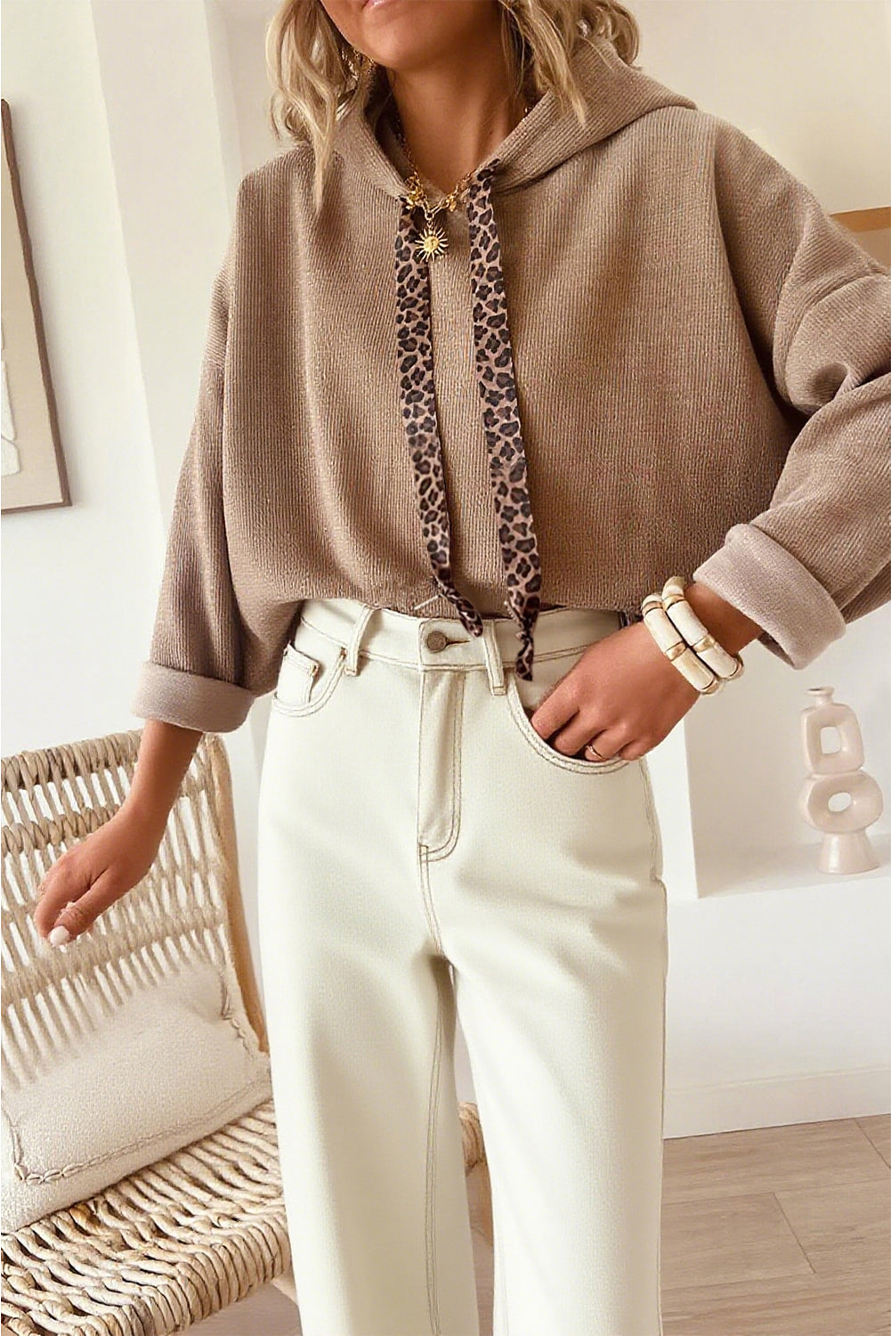 Dark Khaki Thermal Textured Leopard Drawstring Baggy Hoodie