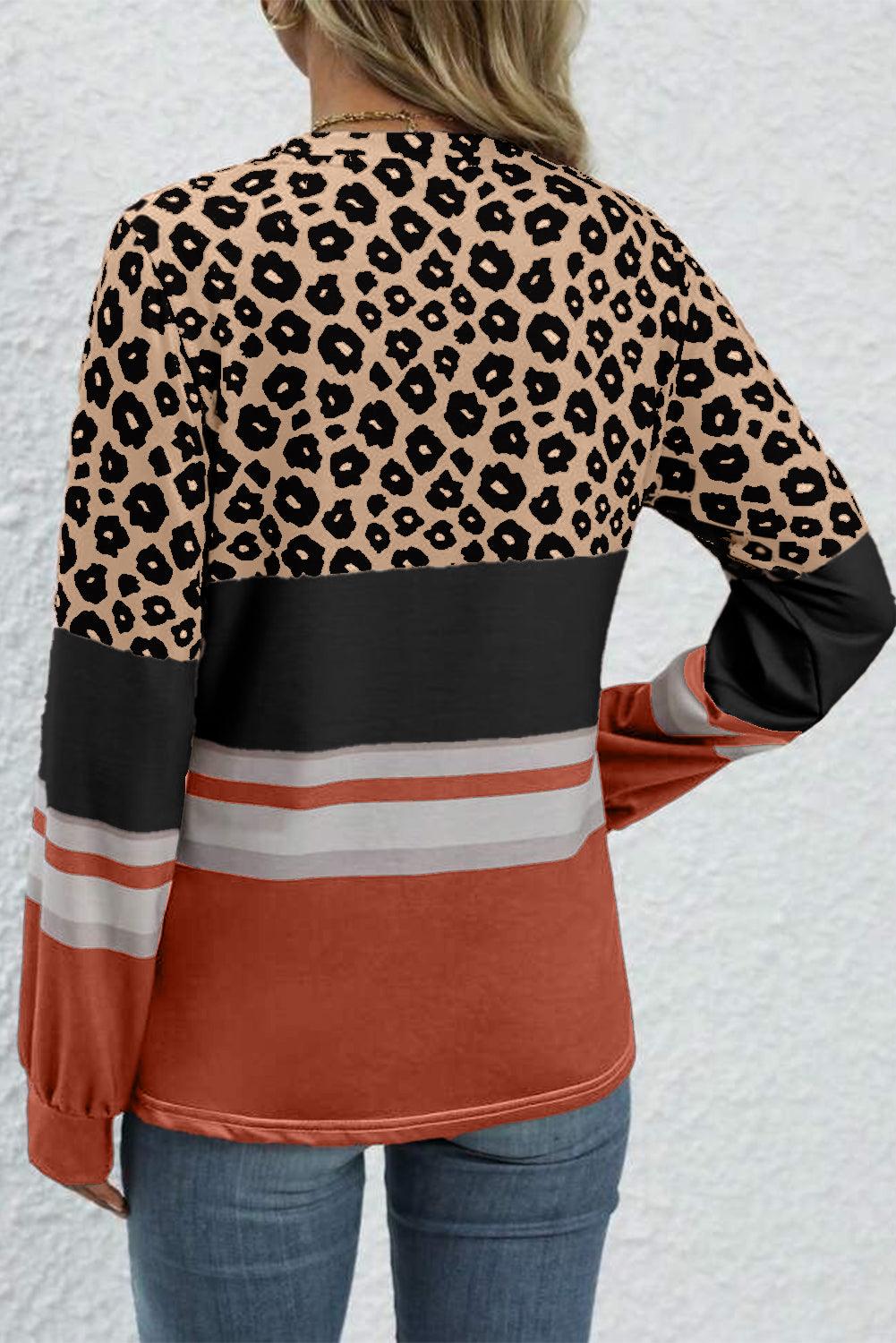 Khaki Leopard Striped Color Block Long Sleeve Top - The Fair Lady Shop