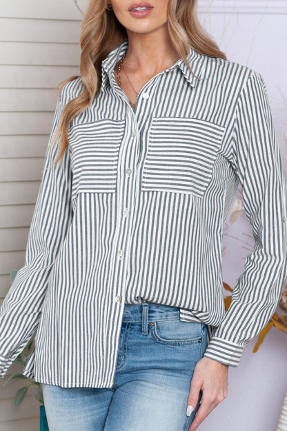 Blue Striped Chic Pockets Roll Up Sleeve Buttons Front Shirt - The Fair Lady Shop