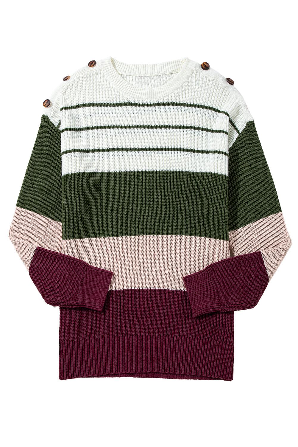 Green Color Block Striped Buttoned Shoulder Split Sweater - The Fair Lady Shop