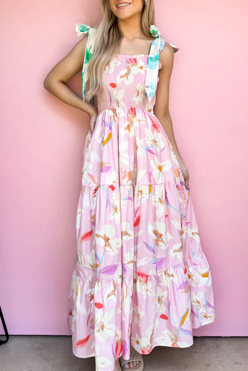 Pink Floral Print Knotted Shoulder Smocked Maxi Dress - The Fair Lady Shop