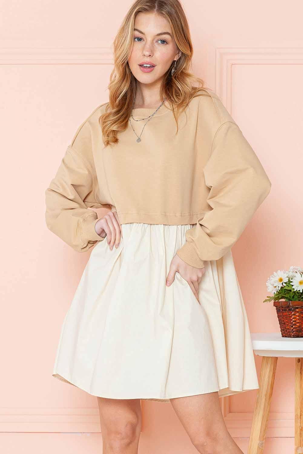 Khaki Sweatshirt Colorblock Flowy Pleated Mini Dress - The Fair Lady Shop
