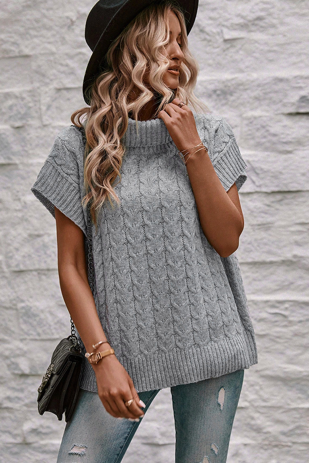 Medium Grey Cable Knit Turtleneck Short Dolman Sleeve Sweater - The Fair Lady Shop