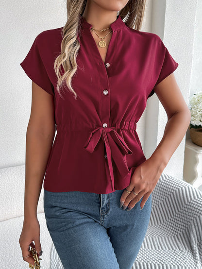 Red Dahlia Solid Color Button Drawstring Blouse