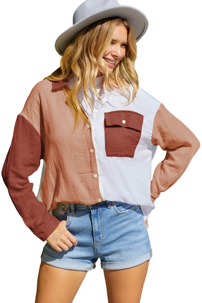 Brown Color Block Pockets Textured Long Sleeve Shacket - The Fair Lady Shop