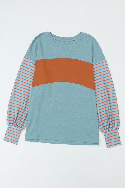 Green Colorblock Striped Bishop Sleeve Top with Side Slits - The Fair Lady Shop