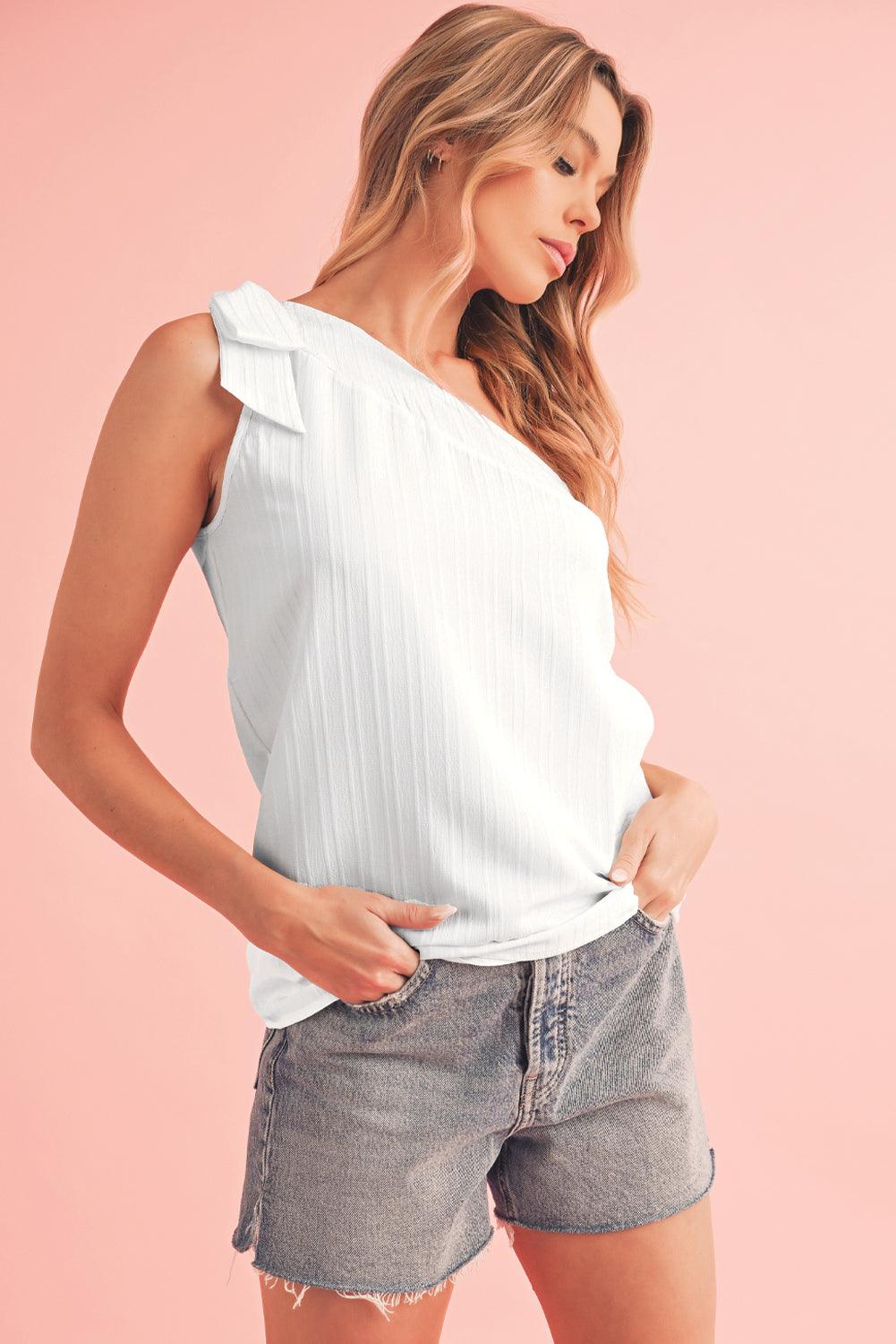 White Solid Color Asymmetrical Knot Textured Sleeveless Shirt - The Fair Lady Shop